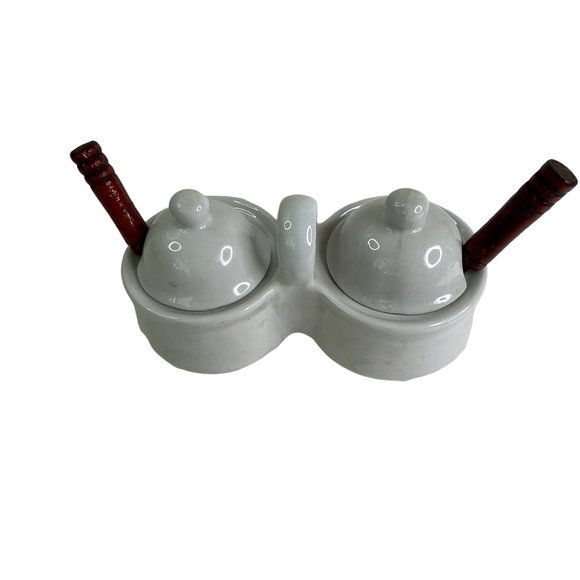 Double Condiment Cup Ceramic Jelly Jam Relish Server with Spoons - Picture 4 of 8